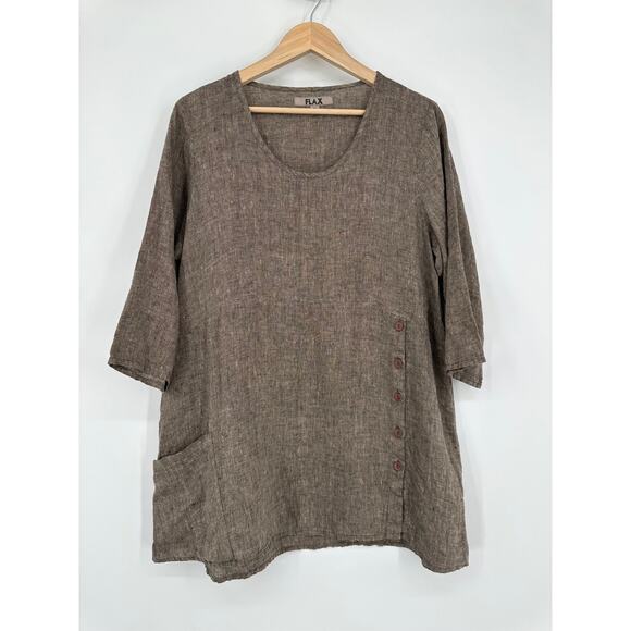 FLAX 100% Linen Market Tunic Top Scoop Neck 3/4 Sleeve Side Button Slit Blouse - Picture 3 of 13